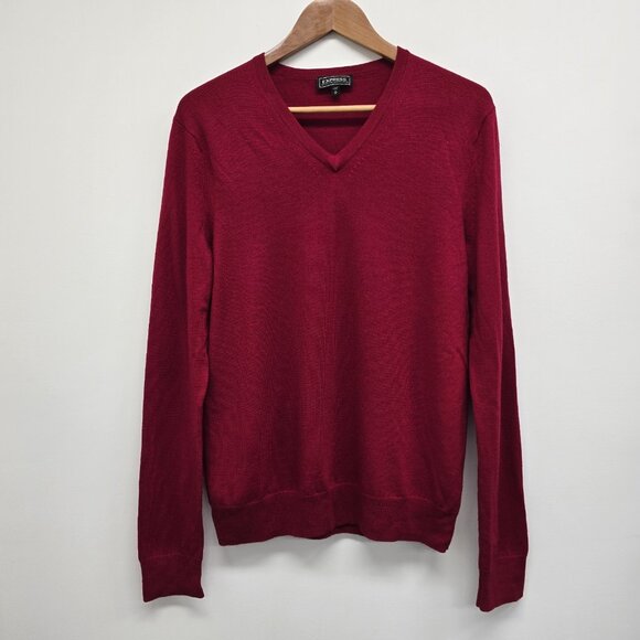 Express Other - Express Extra Fine Merino Wool V-Neck Knit Sweater Mens Size Medium Red Stretch
